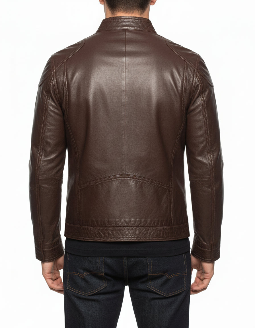 model-back-details - Men's Slim Fit Brown Leather Jacket