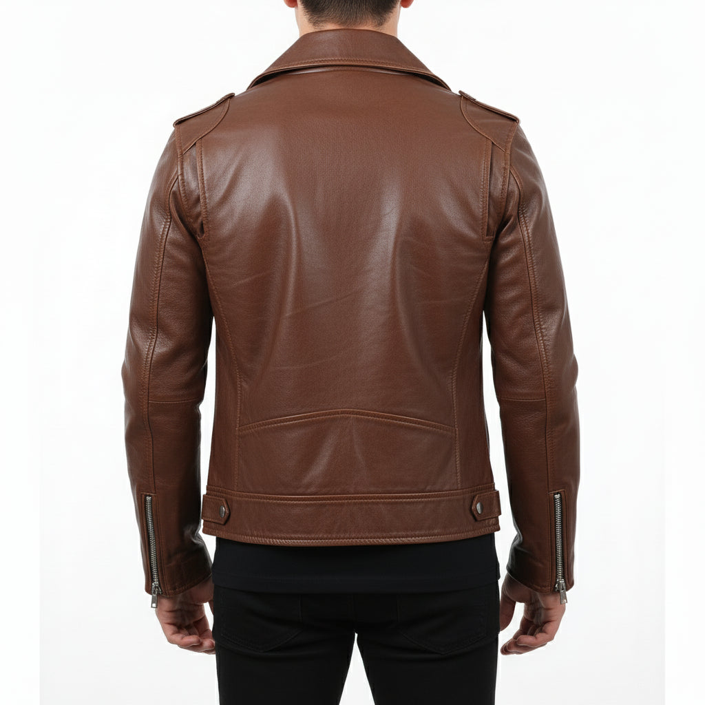 model-back-details - Men's Slim Fit Brown Motorcycle Leather Jacket