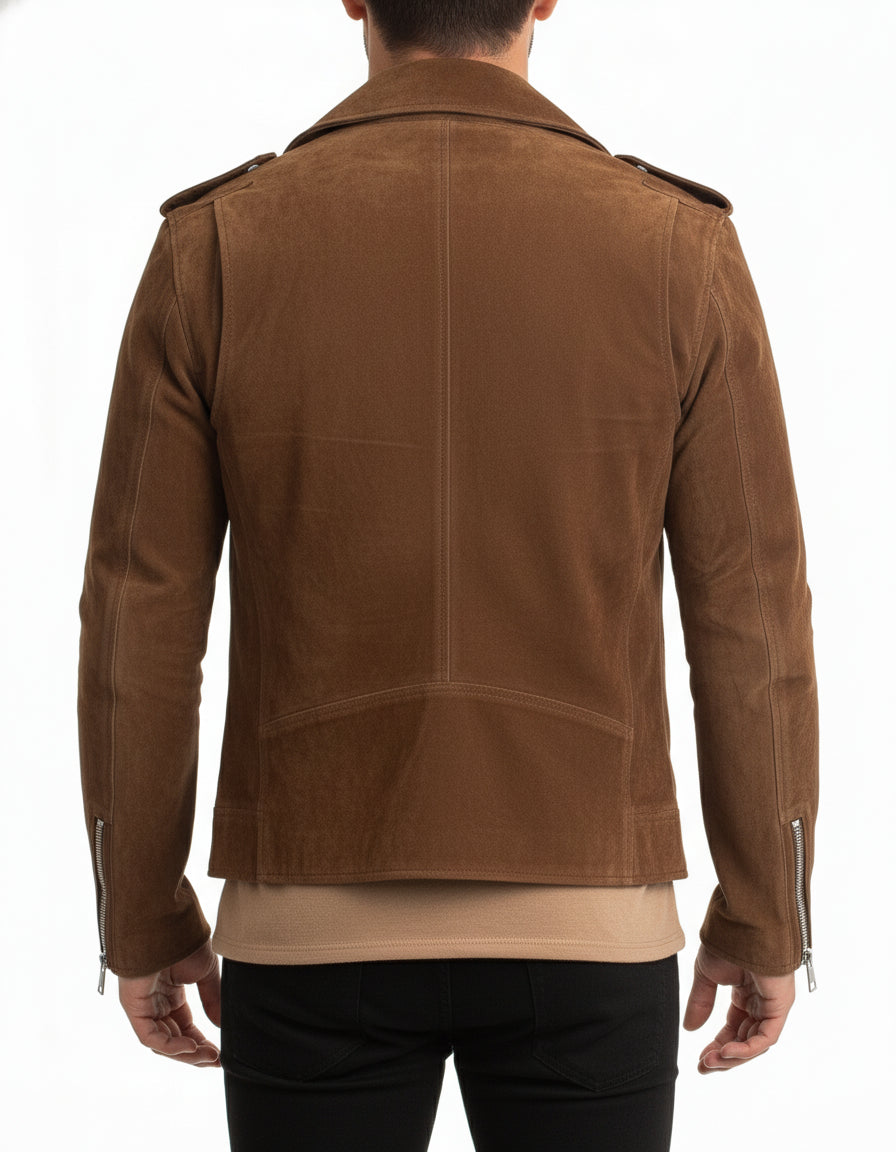 model-back-details - Mens Tan brown Suede biker Jacket, Men brown biker suede leather Jacket