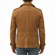 model-back-details - Men's Trench Jacket, Suede Pea Coat, Military Style Jacket, Double-Breasted Leather Coat