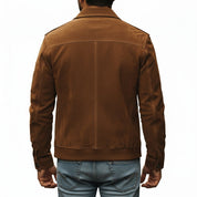 model-back-details - Men's Trucker Suede Jacket, Suede Biker Jacket, Men's Casual Suede Jacket, Suede Moto Jacket