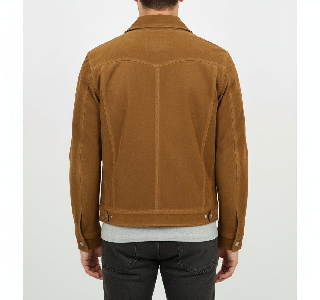 model-back-details - Men's Trucker Suede Jacket, Suede Jacket for Men, Classic Suede Trucker Jacket, Medium Brown Suede Jacket