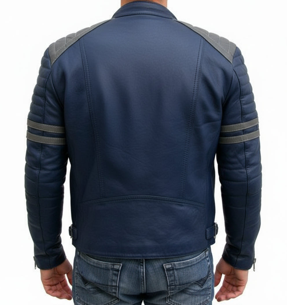 model-back-details - New Men's Blue Leather Color Jacket, Bomber Jacket