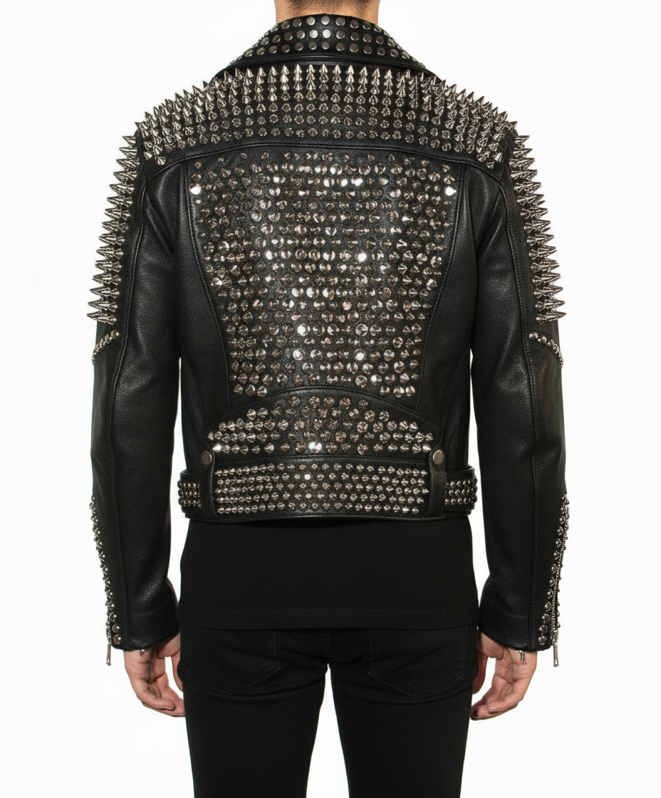 model-back-details - Punk Men Silver Studded Leather Black Rock Studded Leather Jackets