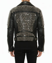 model-back-details - Punk Men Silver Studded Leather Black Rock Studded Leather Jackets
