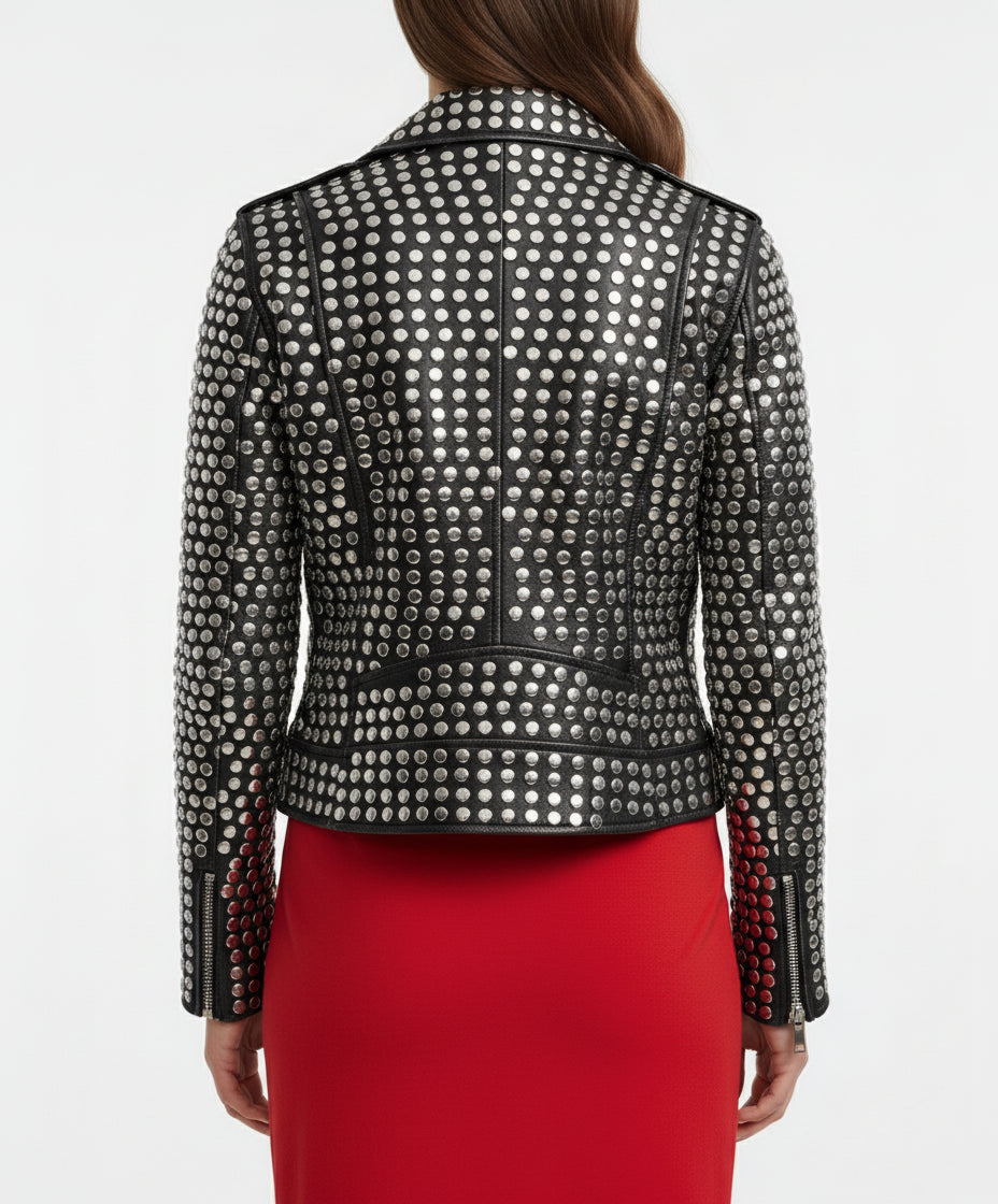 model-back-details - Women All over sliver studded Moto Jacket, 's Fashion moto Jacket