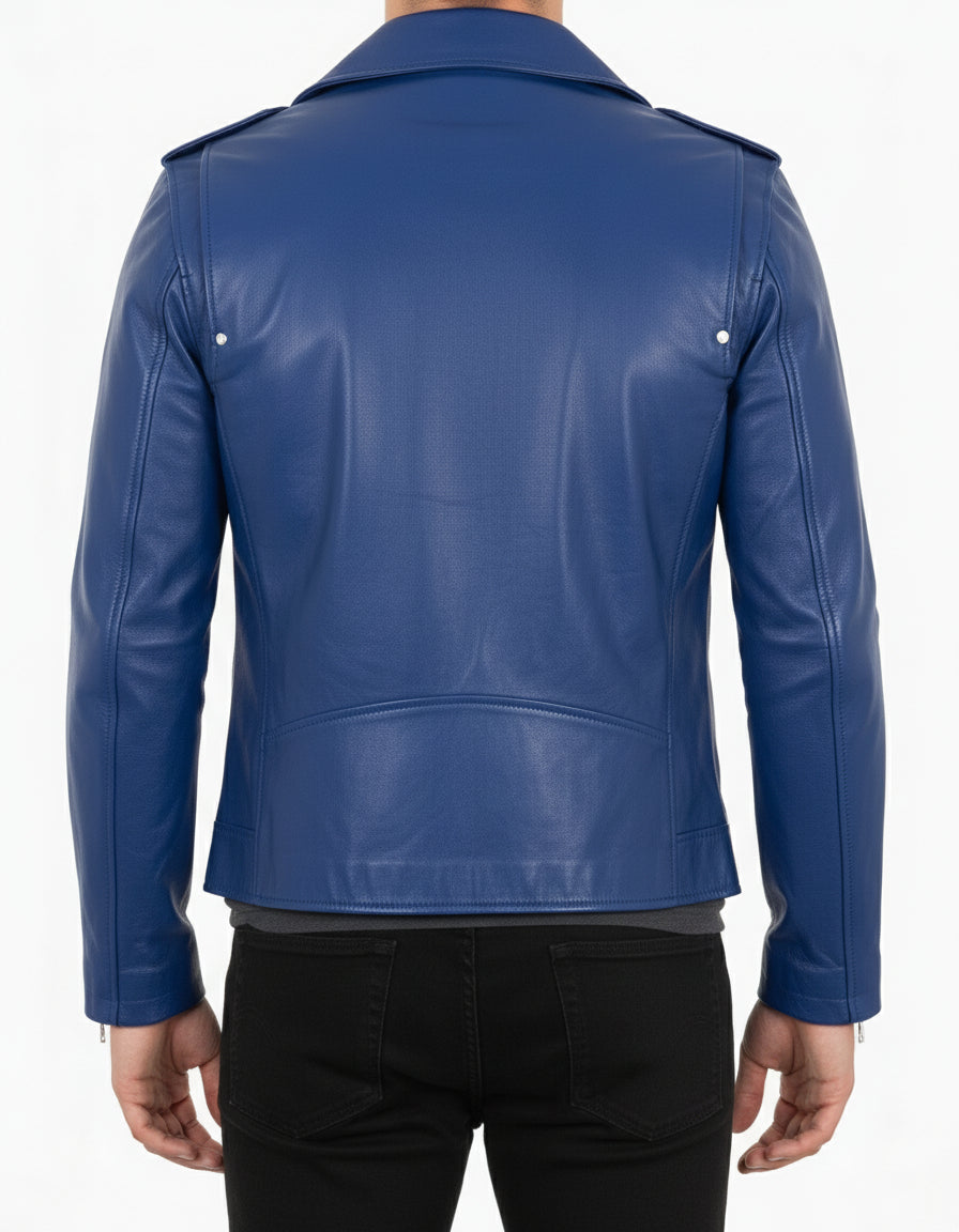 model-back-details - Women Fashion Leather Jacket Blue Leather Jacket, Biker Style Jacket
