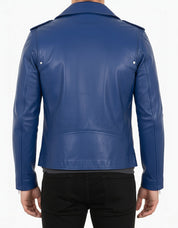 model-back-details - Women Fashion Leather Jacket Blue Leather Jacket, Biker Style Jacket