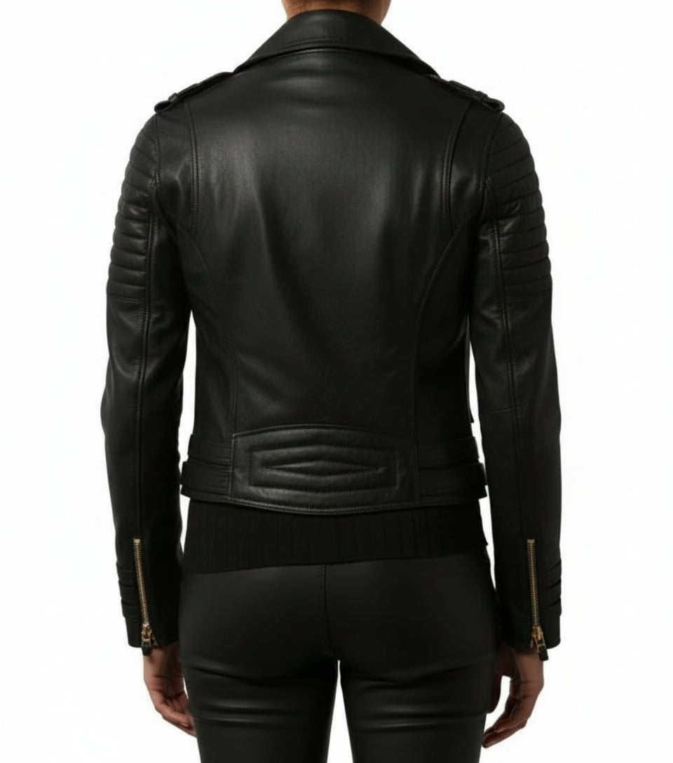 model-back-details - Women's Biker Quilted Black Leather Jacket