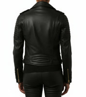 model-back-details - Women's Biker Quilted Black Leather Jacket