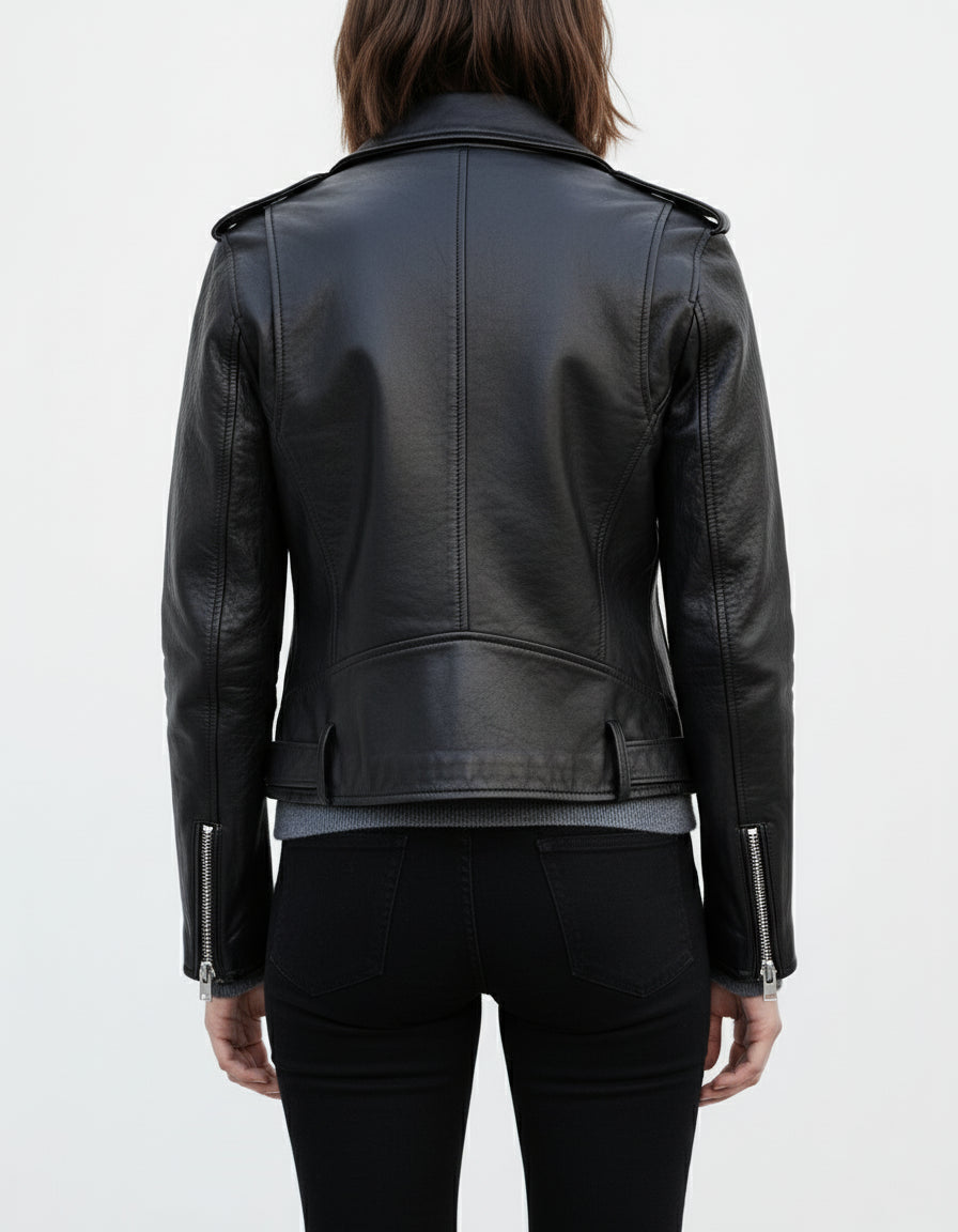 model-back-details - Women's Black Leather Biker Jacket