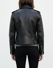 model-back-details - Women's Black Leather Biker Jacket