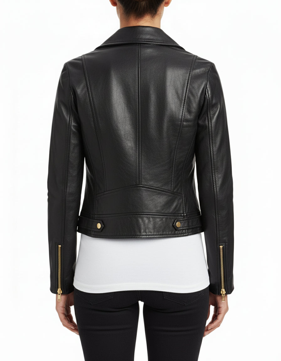 model-back-details - Women's Leather Jacket, Biker Leather Jacket, Black Leather Jacket Womens