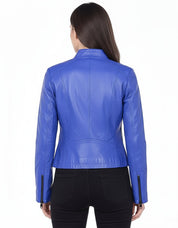 model-back-details - Women's Moto Leather Jacket, Bright Blue Biker Jacket, Stylish Leather Motorcycle Jacket, Handmade Women's Leather Jacket
