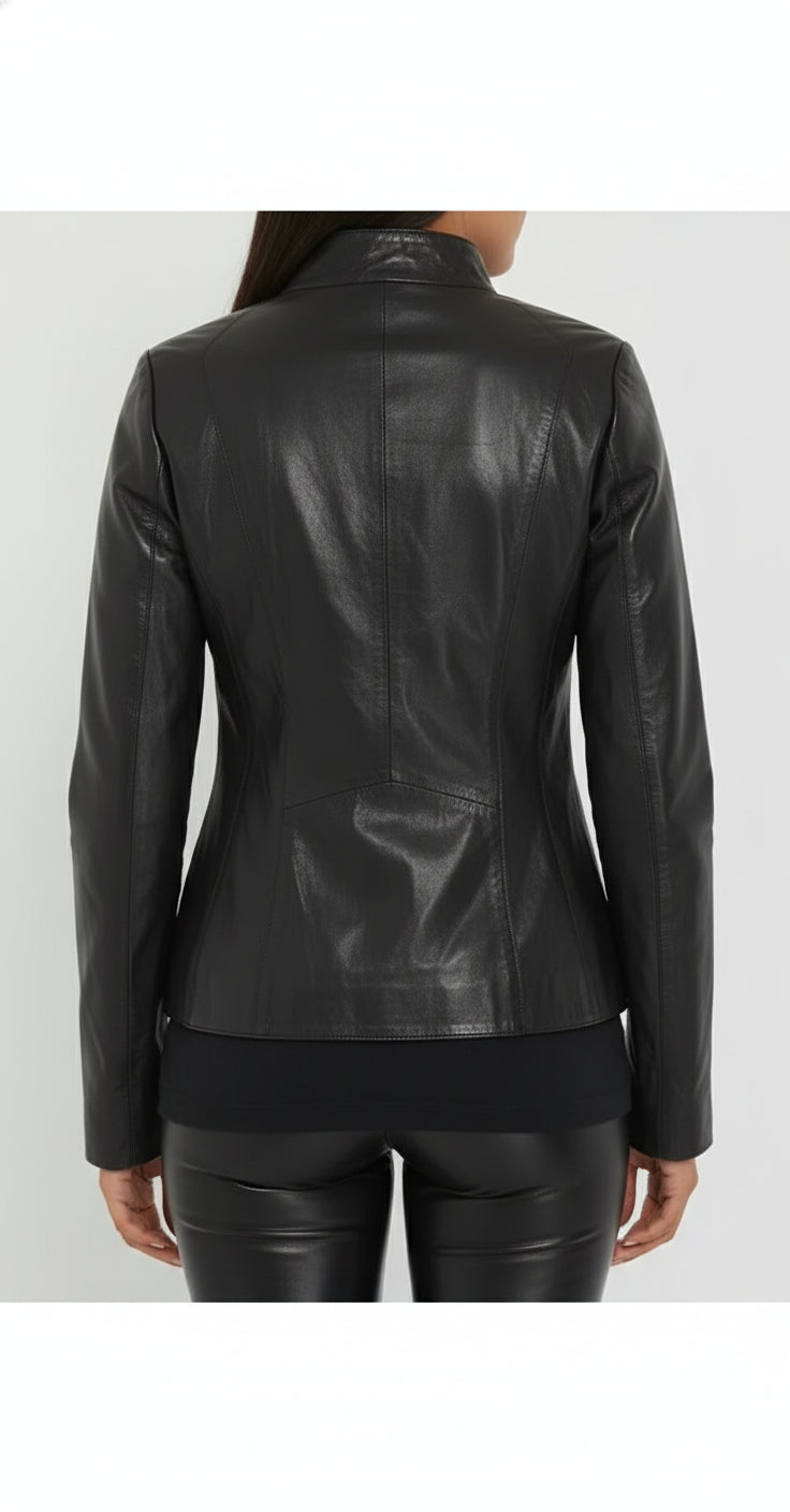 model-back-details - Women's Racer Leather Jacket, Women's Moto Jacket, Leather Biker Jacket, Women's Motorcycle Jacket