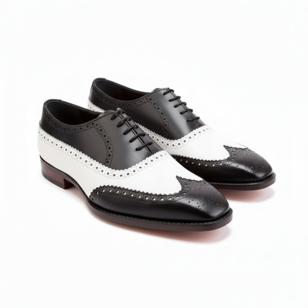 Black and White Leather Brogue Dress Shoes - model-casual-setting
