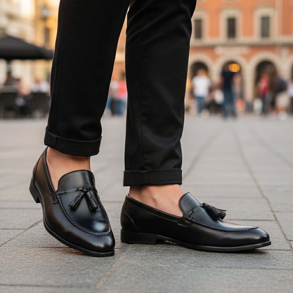 Black Leather Penny Loafers with Tassels - model-casual-setting
