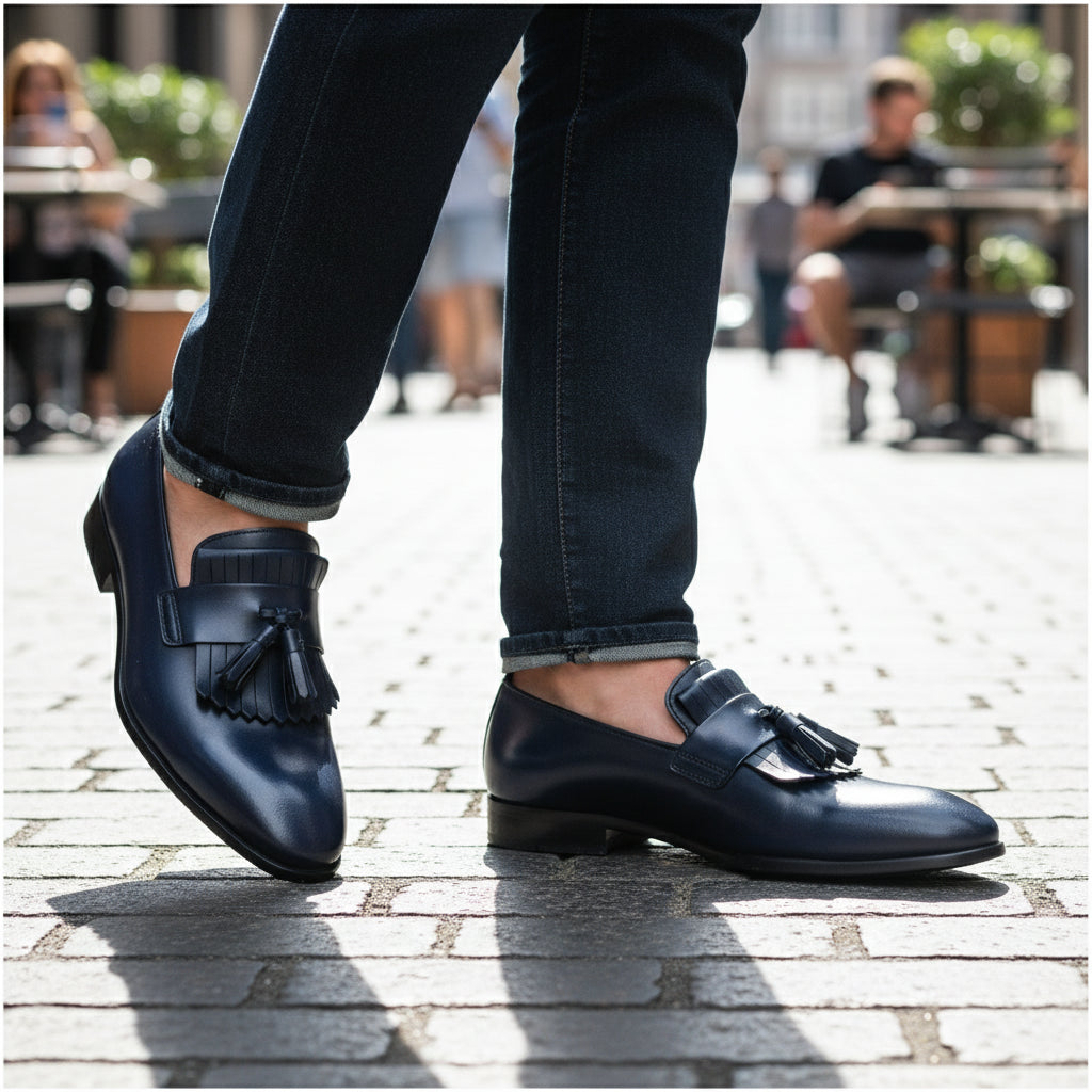 Blue Leather Moccasin Loafers with Fringes - model-casual-setting