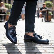 Blue Leather Moccasin Loafers with Fringes - model-casual-setting