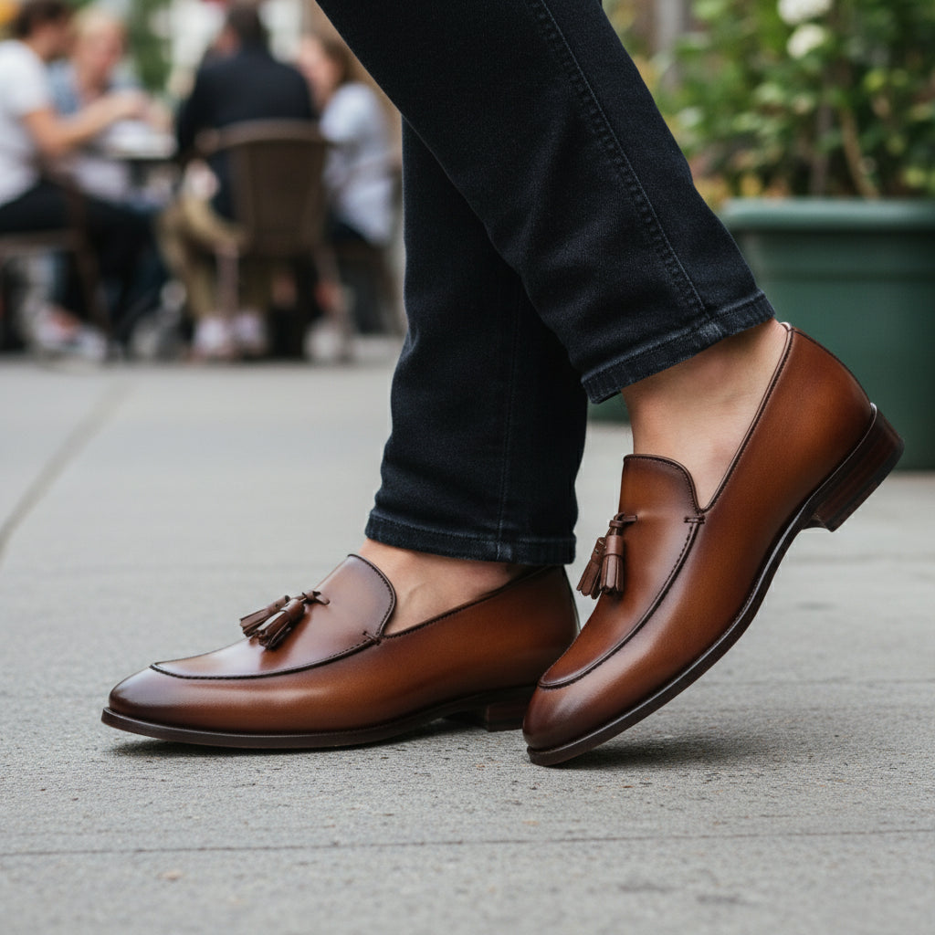 Brown Leather Tassel Moccasins Formal Dress Shoes - model-casual-setting