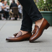 Brown Leather Tassel Moccasins Formal Dress Shoes - model-casual-setting