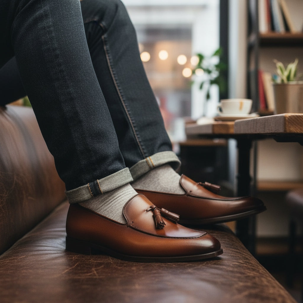 Brown Leather Tassel Moccasins Formal Dress Shoes - model-casual-setting