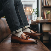 Brown Leather Tassel Moccasins Formal Dress Shoes - model-casual-setting