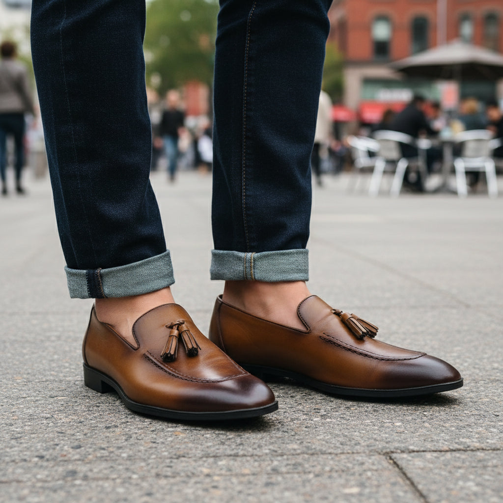 Brown Leather Tassels Moccasins - model-casual-setting