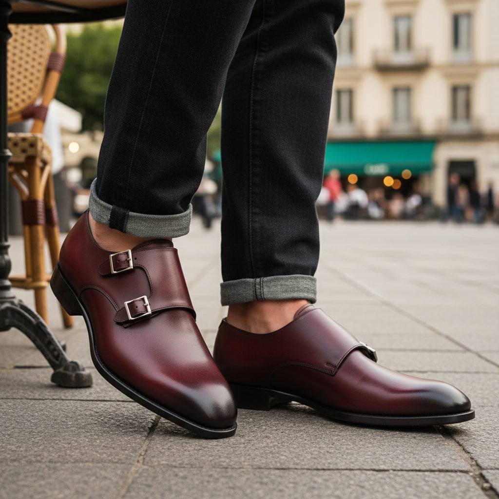 Burgundy Monk Leather Shoes - model-casual-setting