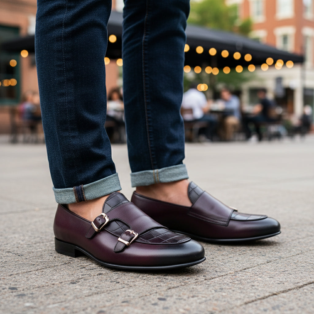 Double Monk Leather Dress Shoes, Penny Loafer Style - model-casual-setting