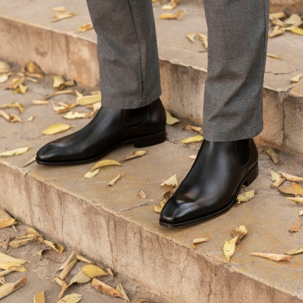 Men's Black Calf Leather Chelsea Boots - model-casual-setting