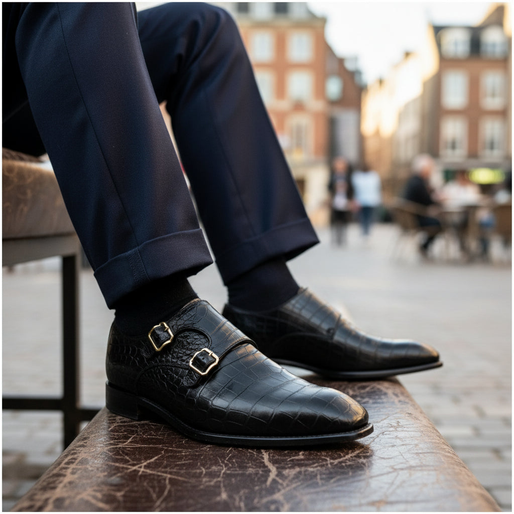 Men's Black Crocodile Leather Double Monk Dress Shoes - model-casual-setting