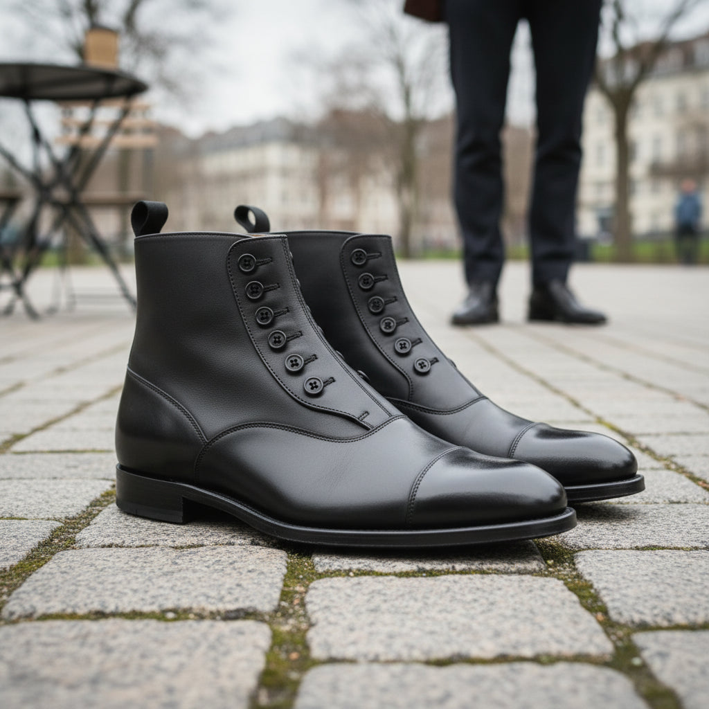 Men's Black Leather Button Boots - Ankle Design - model-casual-setting