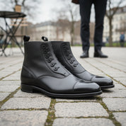 Men's Black Leather Button Boots - Ankle Design - model-casual-setting