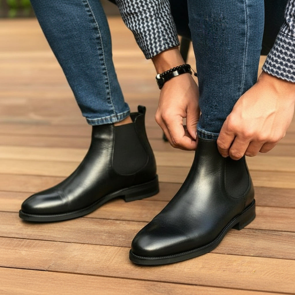 Men's Black Leather Chelsea Boots - model-casual-setting