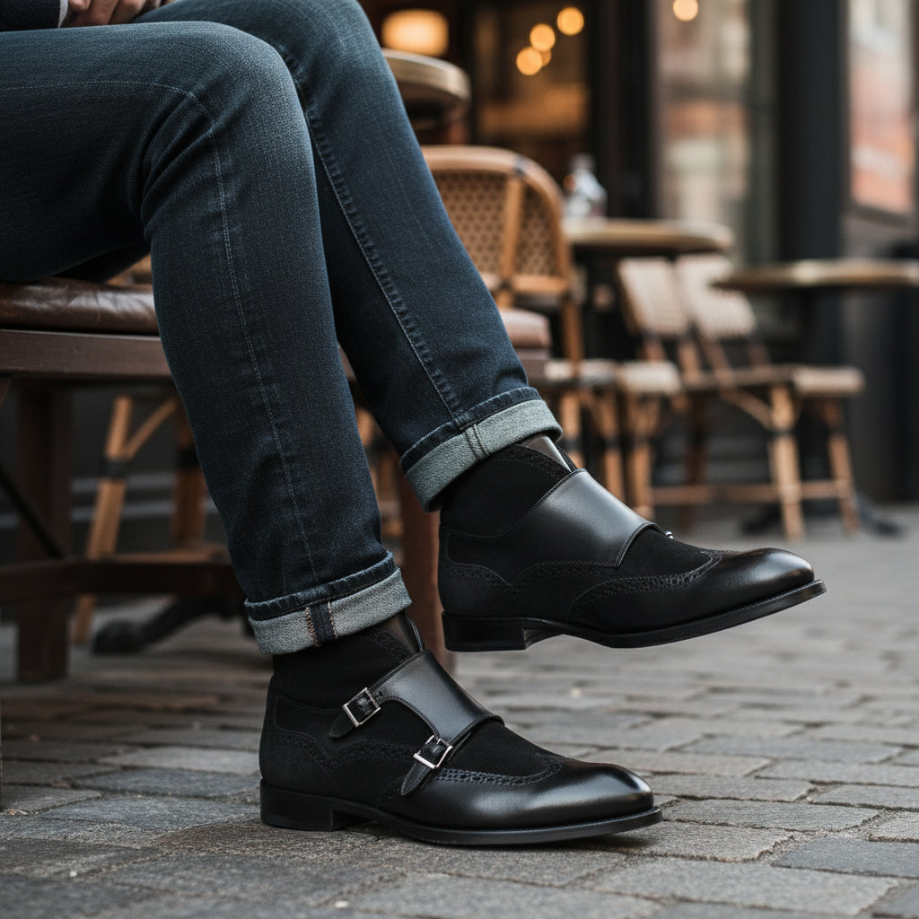 Men's Black Leather Monk Strap Chukka Boots - model-casual-setting