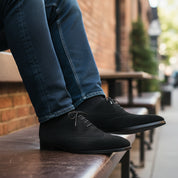 Men's Black Suede Wingtip Dress Shoes - model-casual-setting