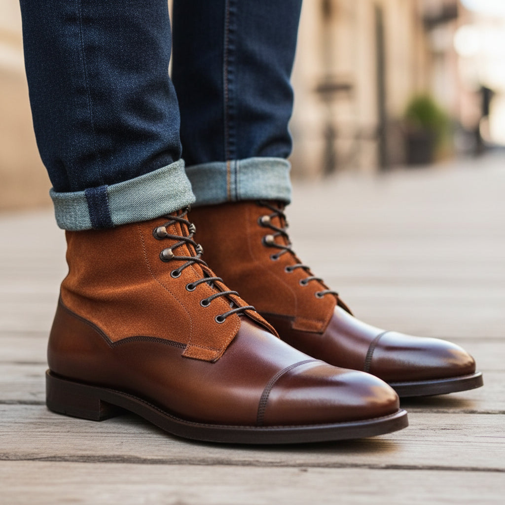 Lace-up Ankle Boots | Brown Leather & Tan Suede - model-casual-setting