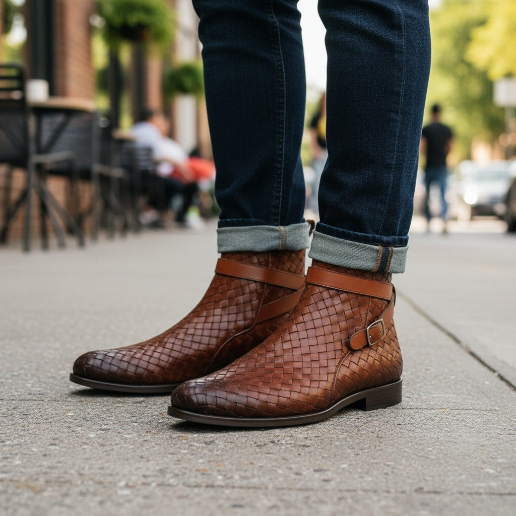 Brown Leather Ankle Boots with Chitai Mat Pattern - model-casual-setting