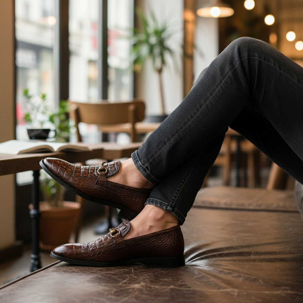 Brown Alligator Texture Moccasin Leather Shoes - model-casual-setting