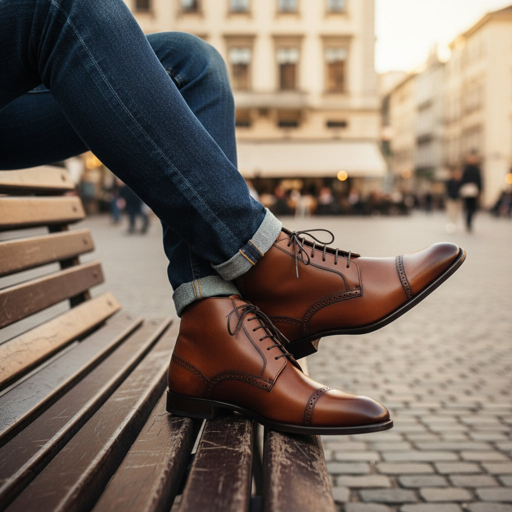 Men's Dark Brown Leather Dress Boots - model-casual-setting