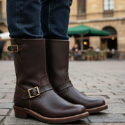 Men's Maroon Leather Work Boots - model-casual-setting