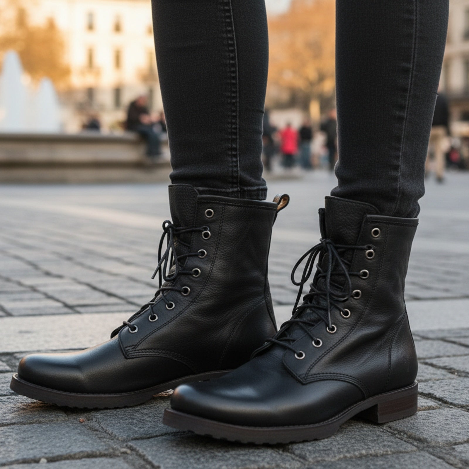 Men's Handmade Black Leather Combat Boots with Lace-Up Design - model-casual-setting