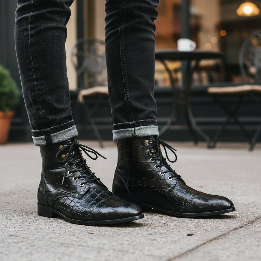 Men's Black Crocodile Leather Lace-Up Boots - model-casual-setting