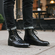Men's Black Crocodile Leather Lace-Up Boots - model-casual-setting