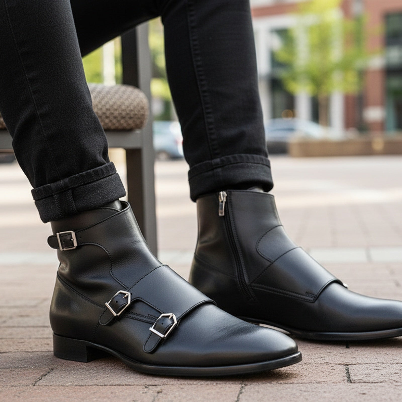 Men's Handmade Black Leather Double Monk Ankle Boots with Side Zipper - model-casual-setting