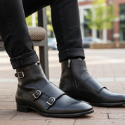 Men's Handmade Black Leather Double Monk Ankle Boots with Side Zipper - model-casual-setting