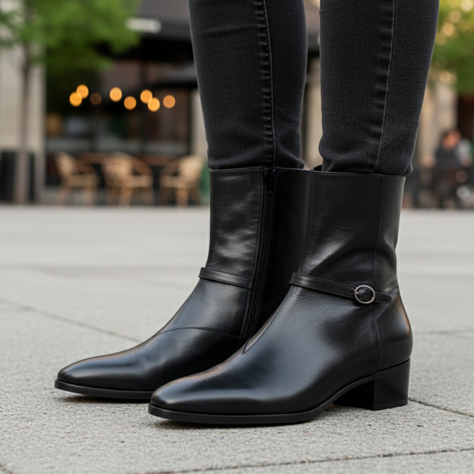 Men's Black Leather High-Heel Zipper Boots - model-casual-setting