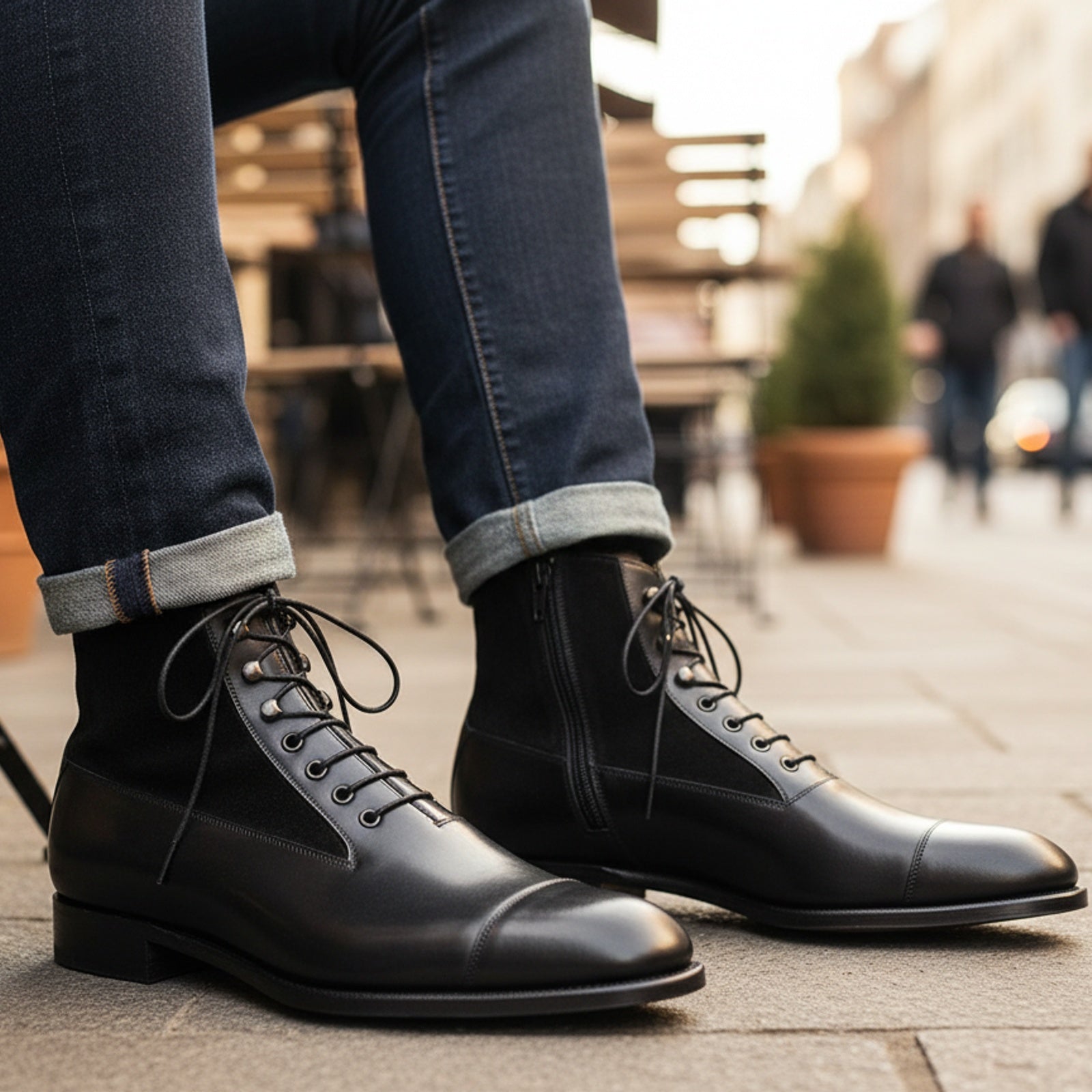 Men's Black Leather Ankle Boots with Cap Toe - model-casual-setting