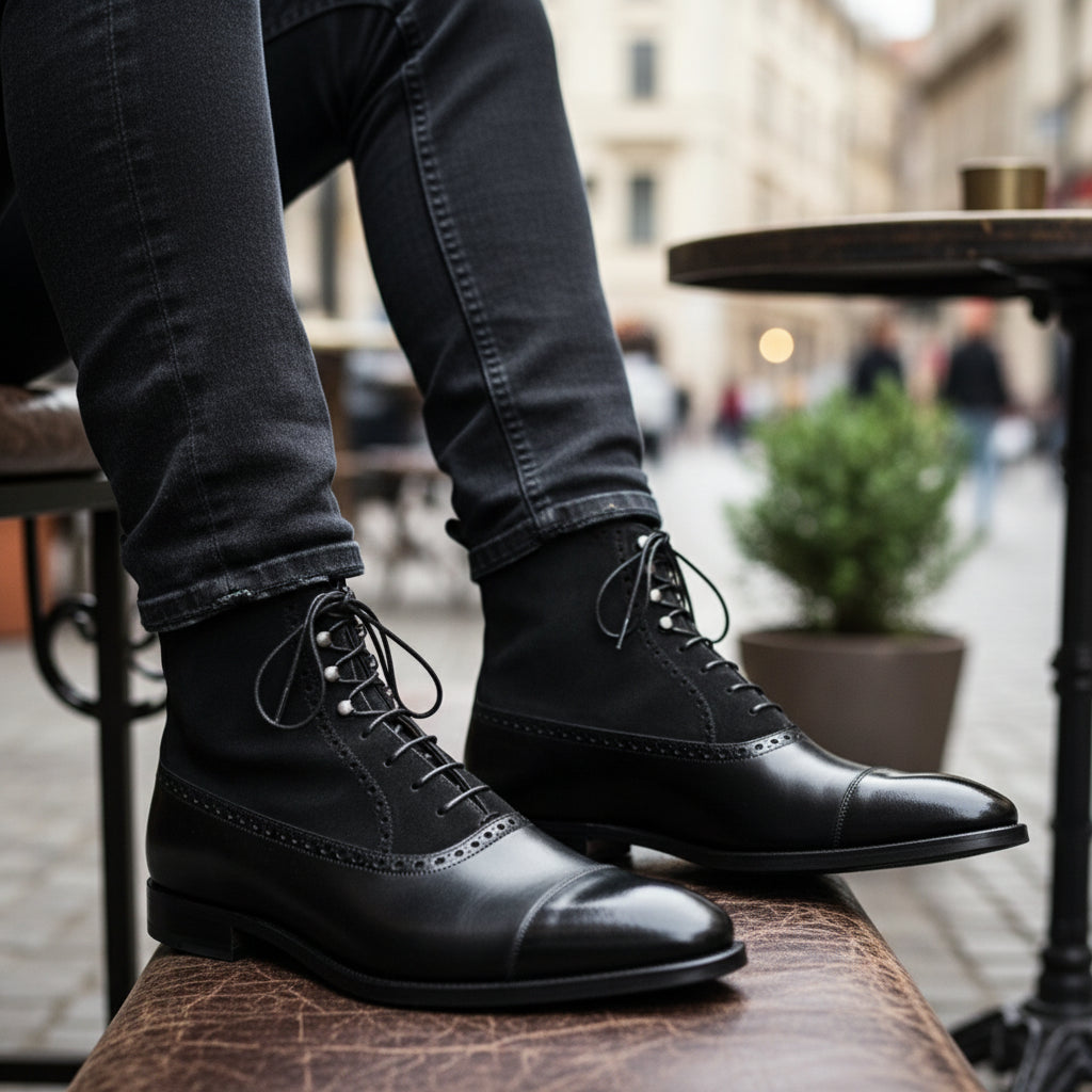 Men's Black Lace-Up Dress Boots in Genuine Leather & Suede - model-casual-setting